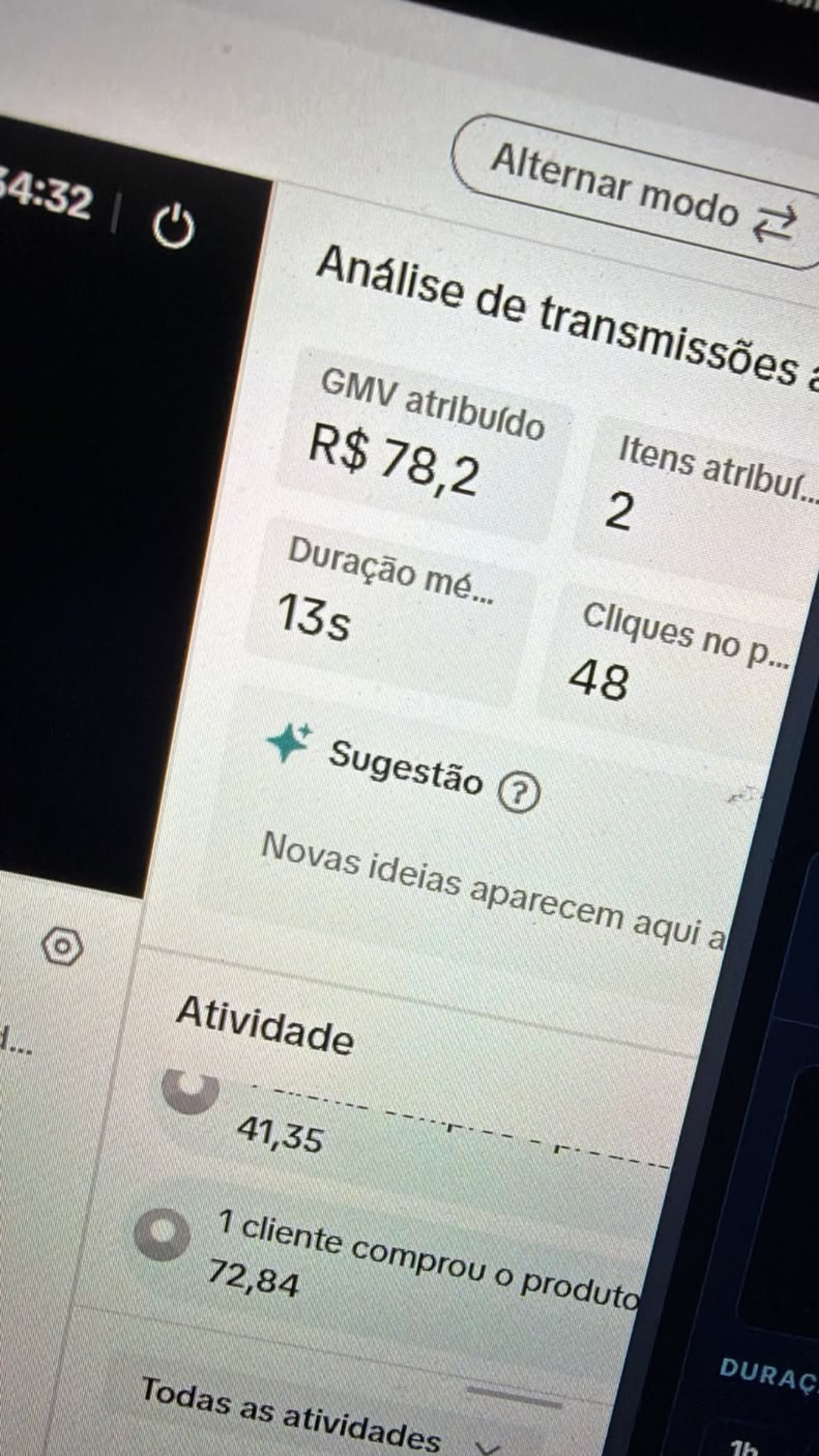 R$ 78,20 de GMV com 48 cliques no produto