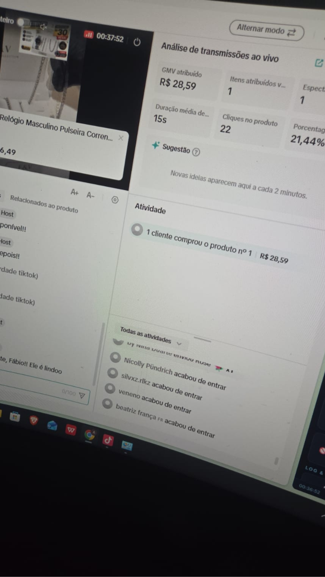 Live automatizada vendendo relógio masculino com 21,44% de conversão