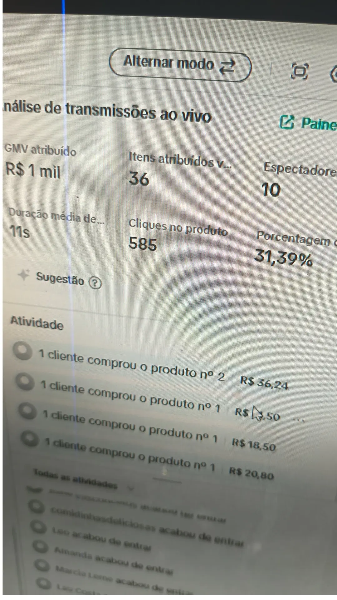 R$ 1 mil de GMV, 36 itens e 585 cliques com 31,39% de conversão