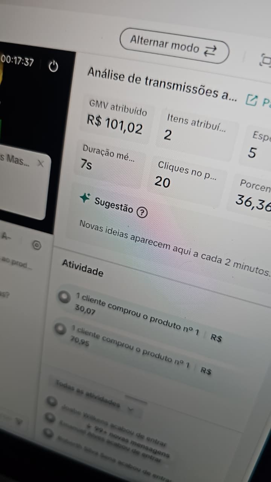 R$ 101,02 de GMV com 36,36% de conversão em cliques