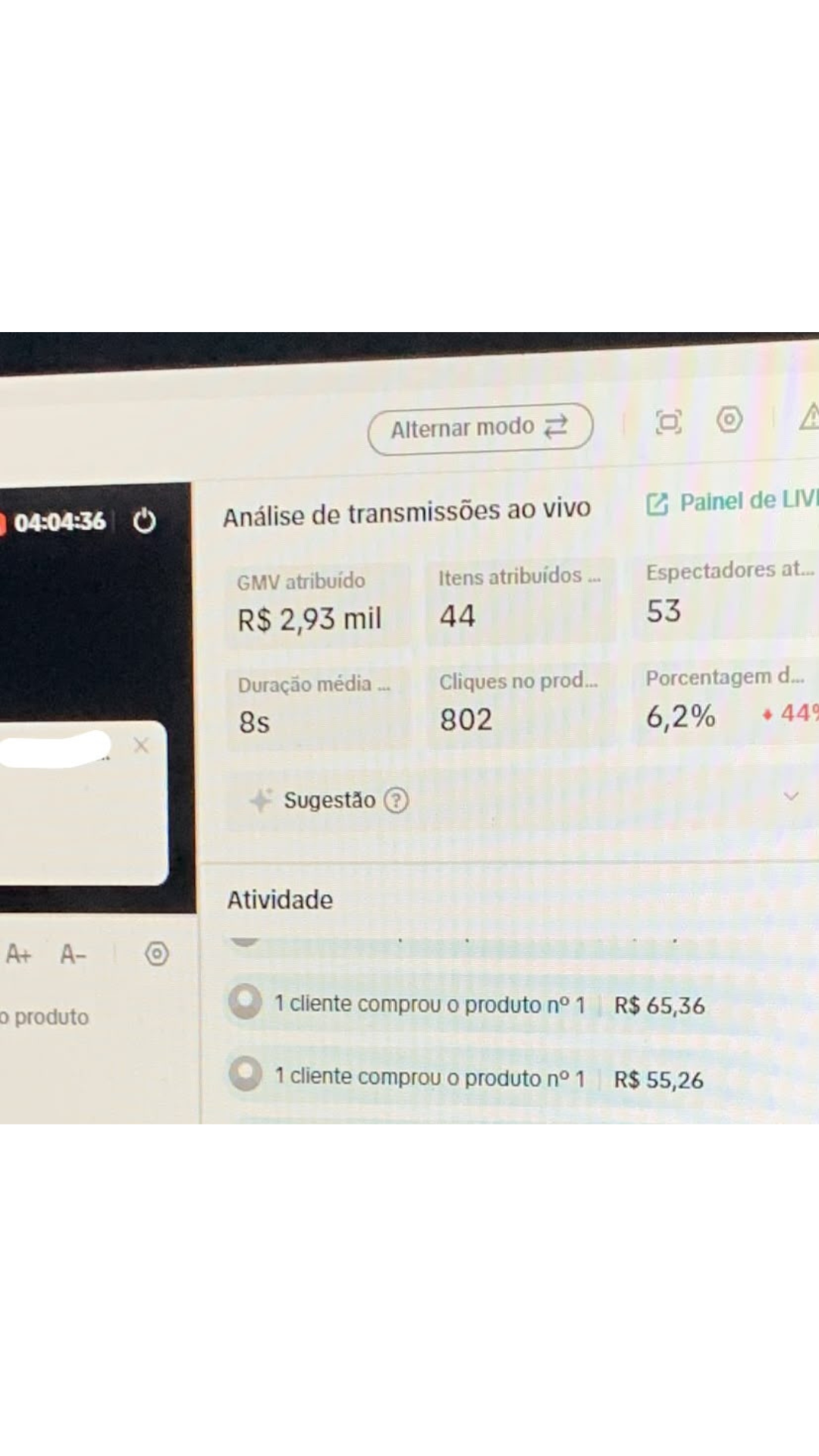 R$ 2,93 mil de GMV, 44 itens e 802 cliques em 4h04 de live