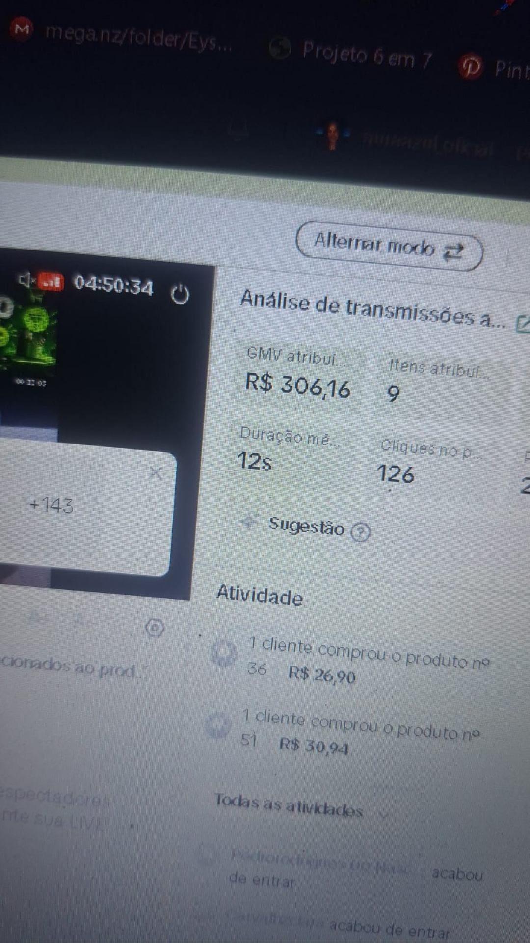 R$ 306,16 de GMV e 126 cliques em 4h50 de live contínua