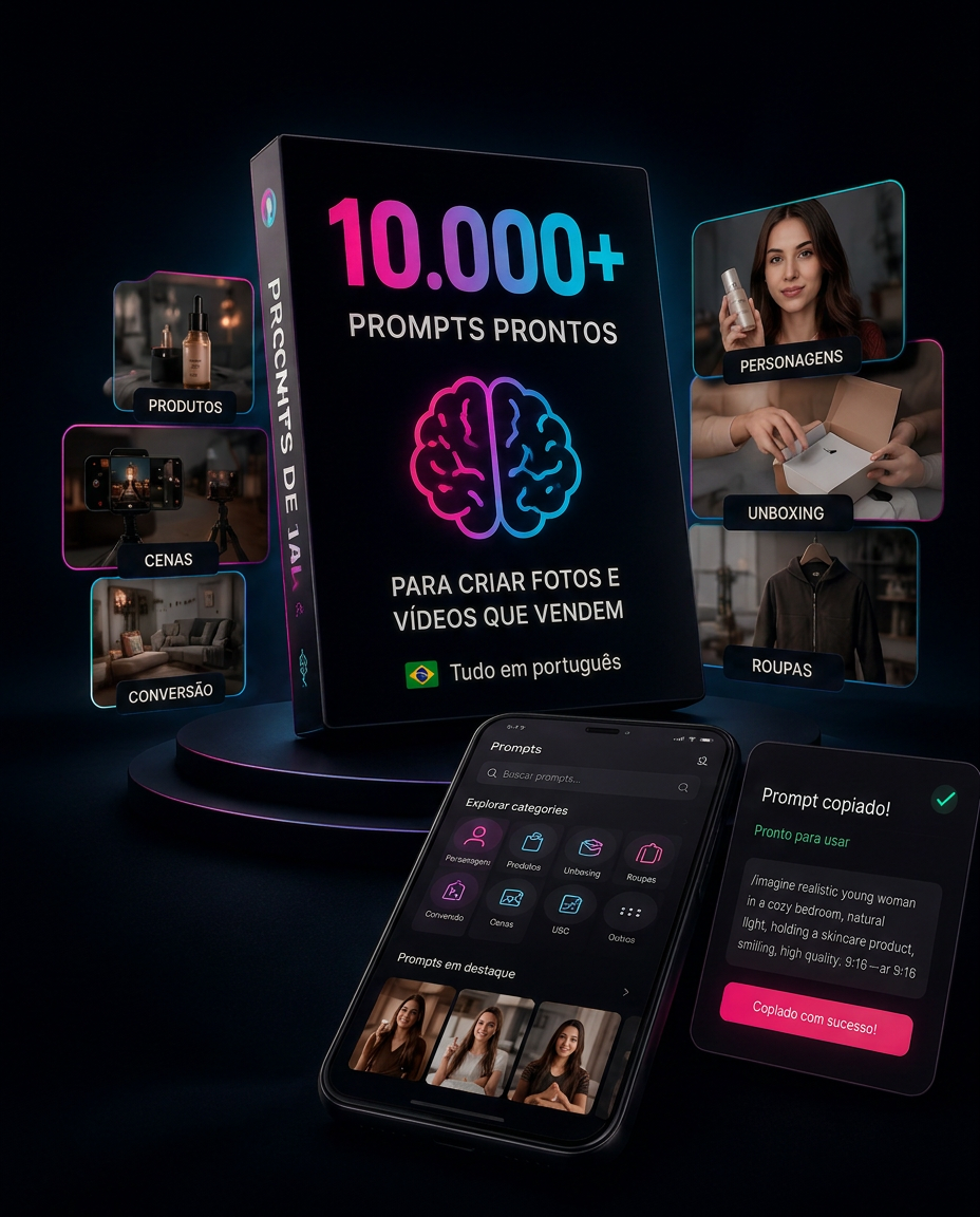 Mockup profissional da biblioteca de +10.000 prompts de IA para criar fotos e vídeos UGC que vendem